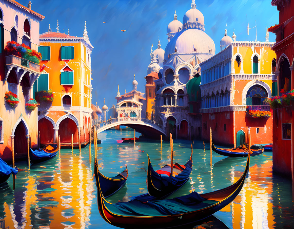 Colorful Venetian Buildings Along Canal with Gondolas and Santa Maria della Salute View