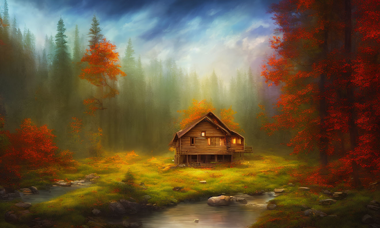 Autumn-themed wooden cabin in misty forest landscape