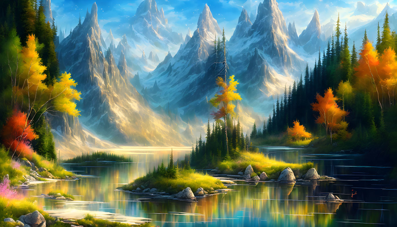 Tranquil autumn landscape with lake, colorful trees, and snow-capped mountains