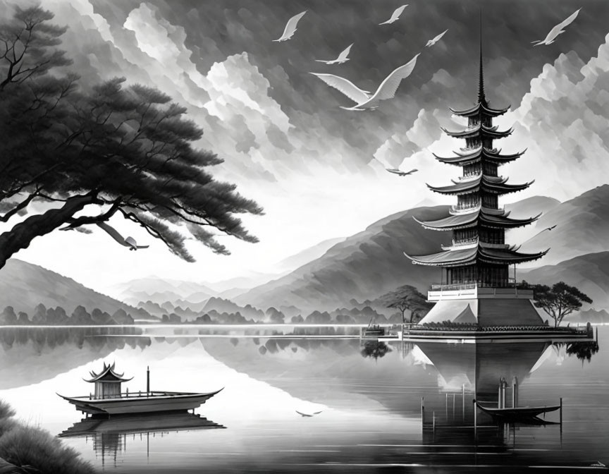 Tranquil lake scene with pagoda, boats, birds, tree, and mountains