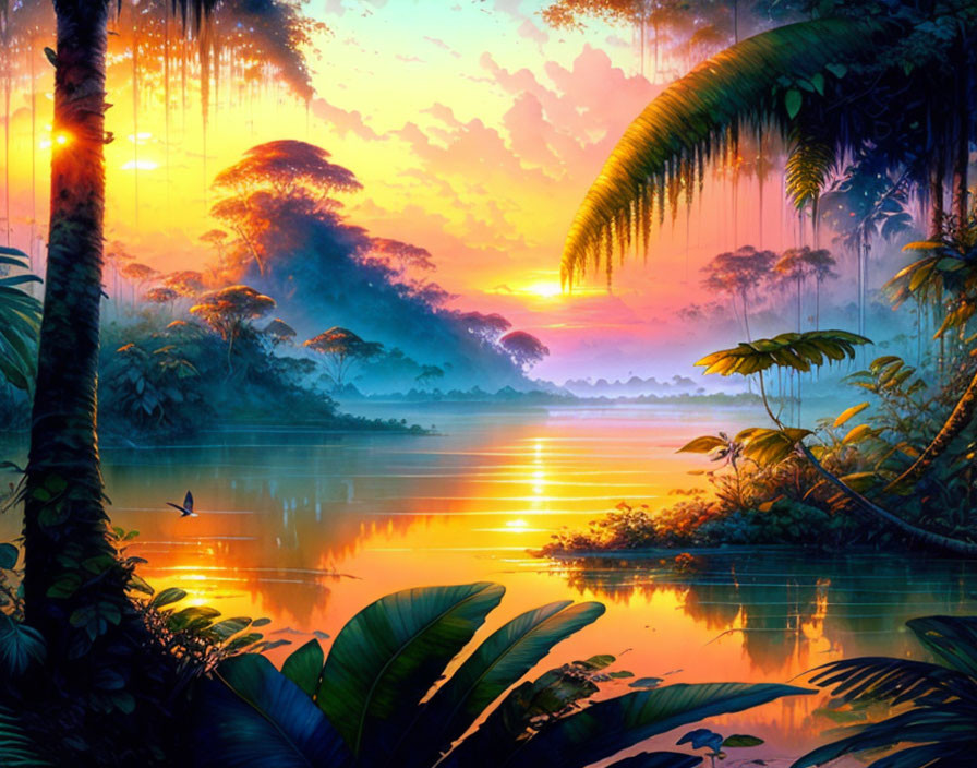 Digital Art: Serene Tropical Jungle with River and Sunset Sky