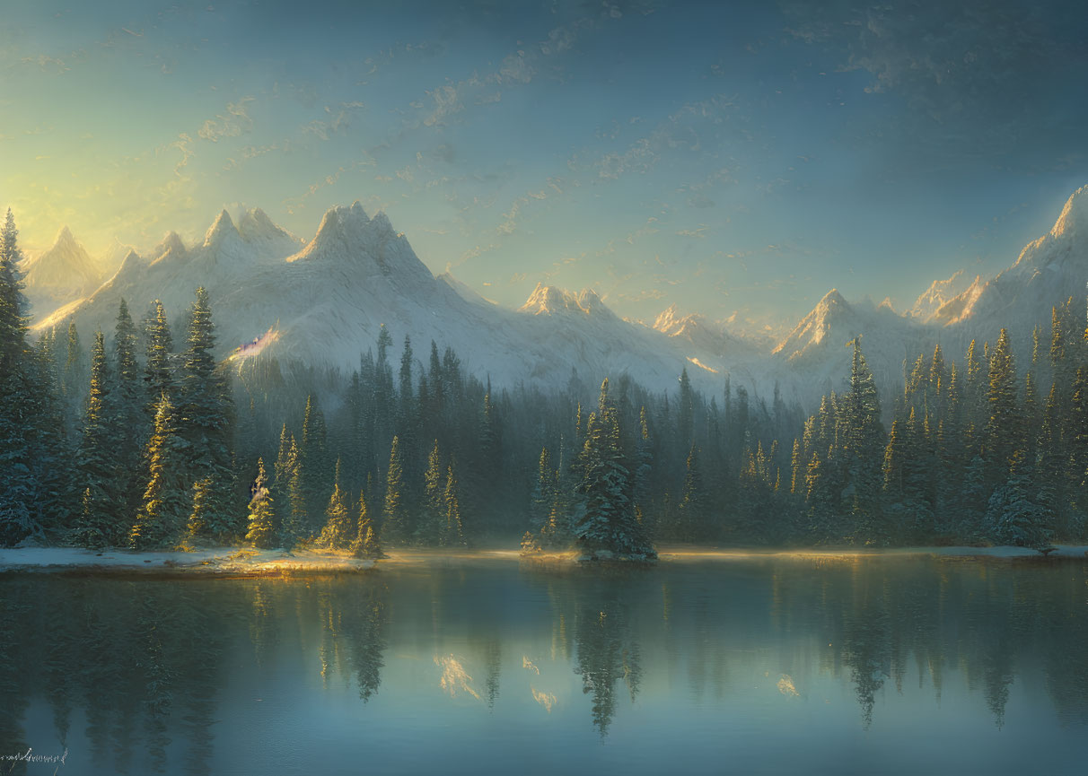 Snow-capped peaks, evergreen forests, and reflective lake in serene mountain landscape.