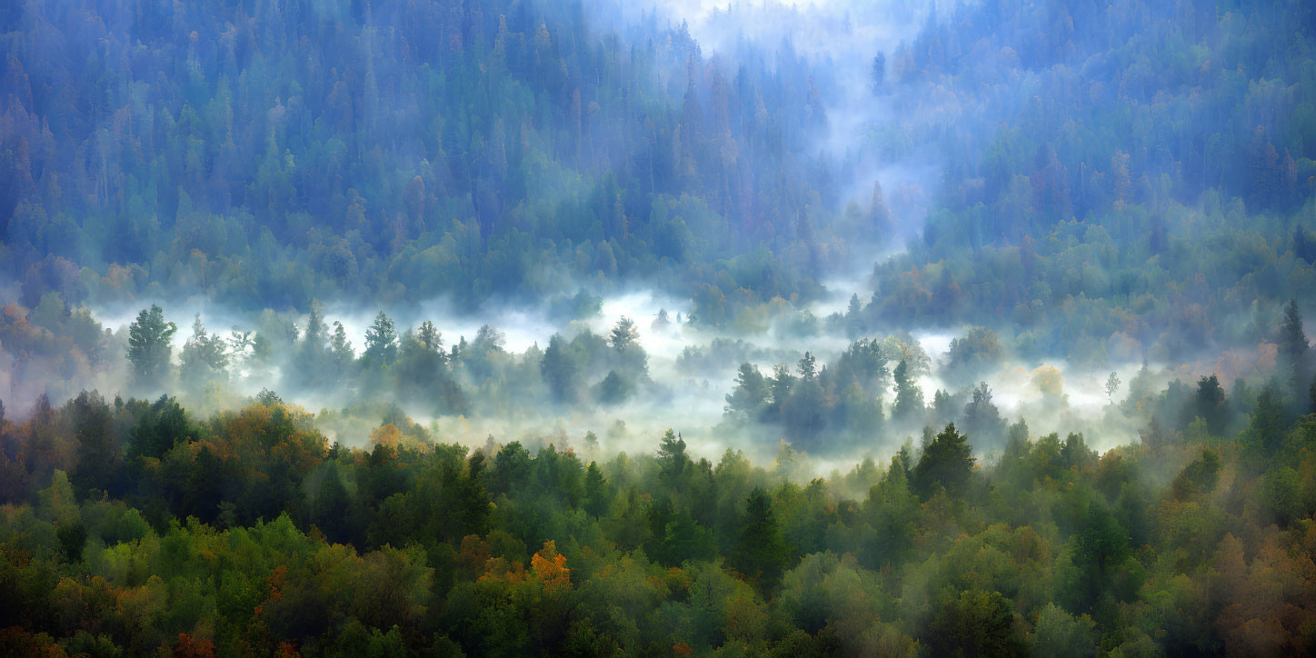 Lush Green Forest with Autumn Hues and Misty Atmosphere