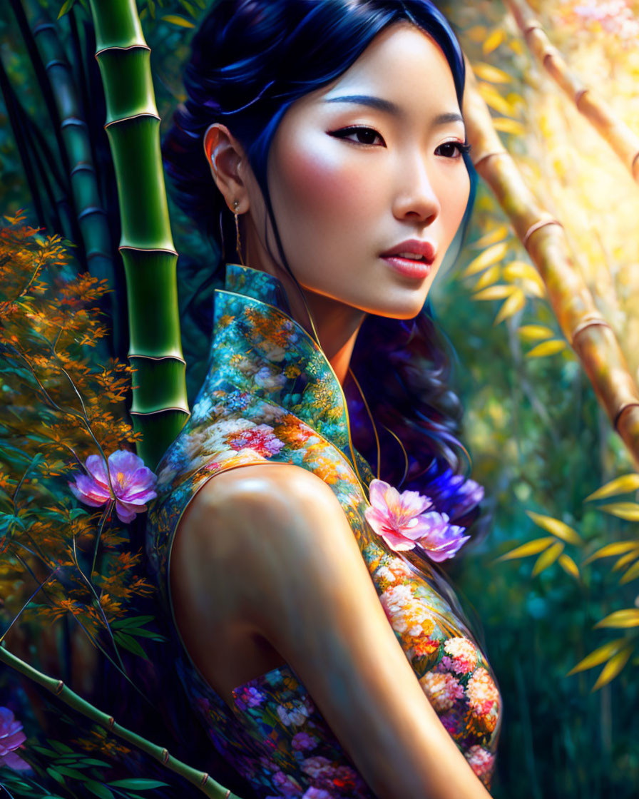 Digital painting of woman with Asian features in floral garb, surrounded by bamboo and foliage.