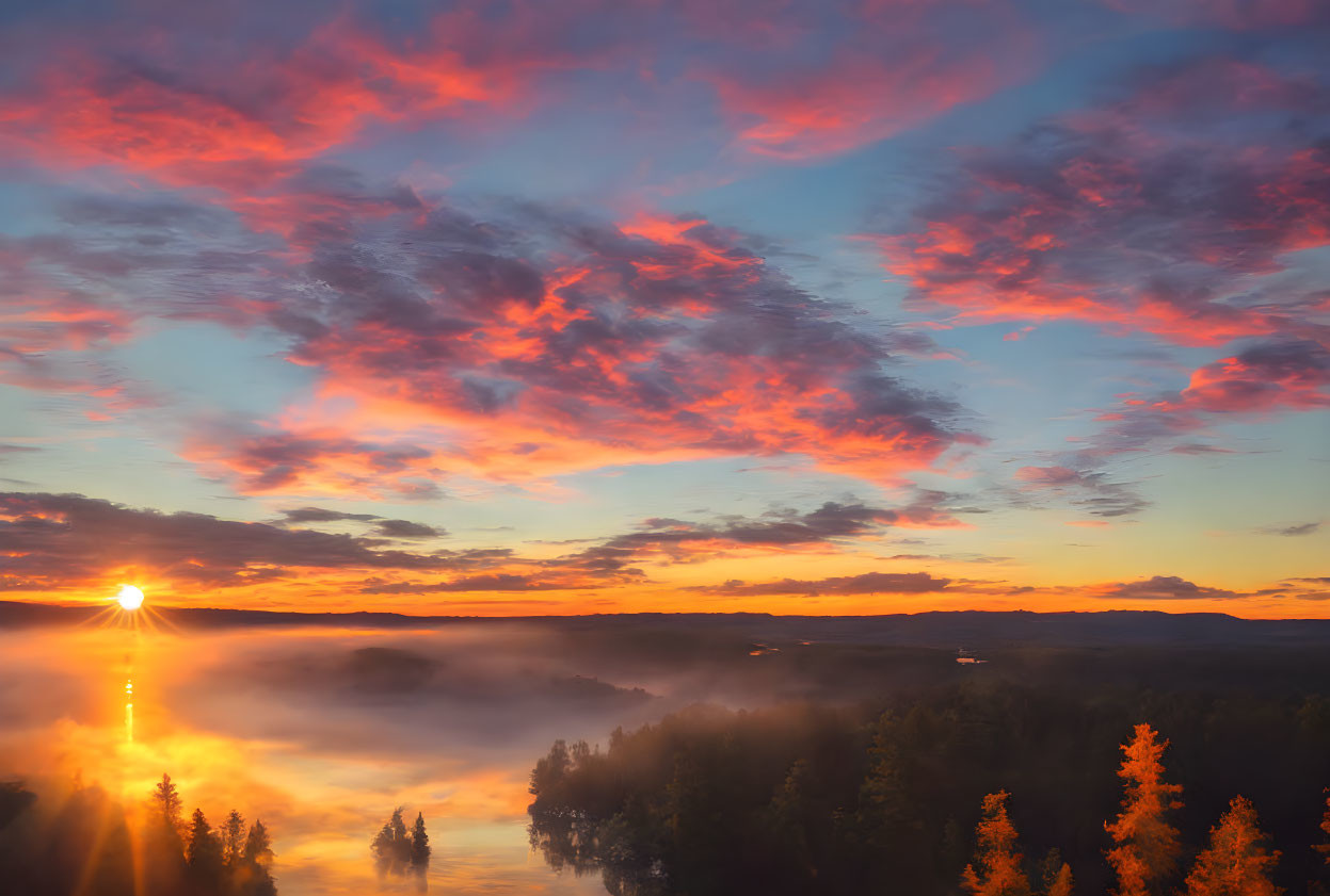 Scenic sunrise with orange and pink clouds over misty forest and serene lake