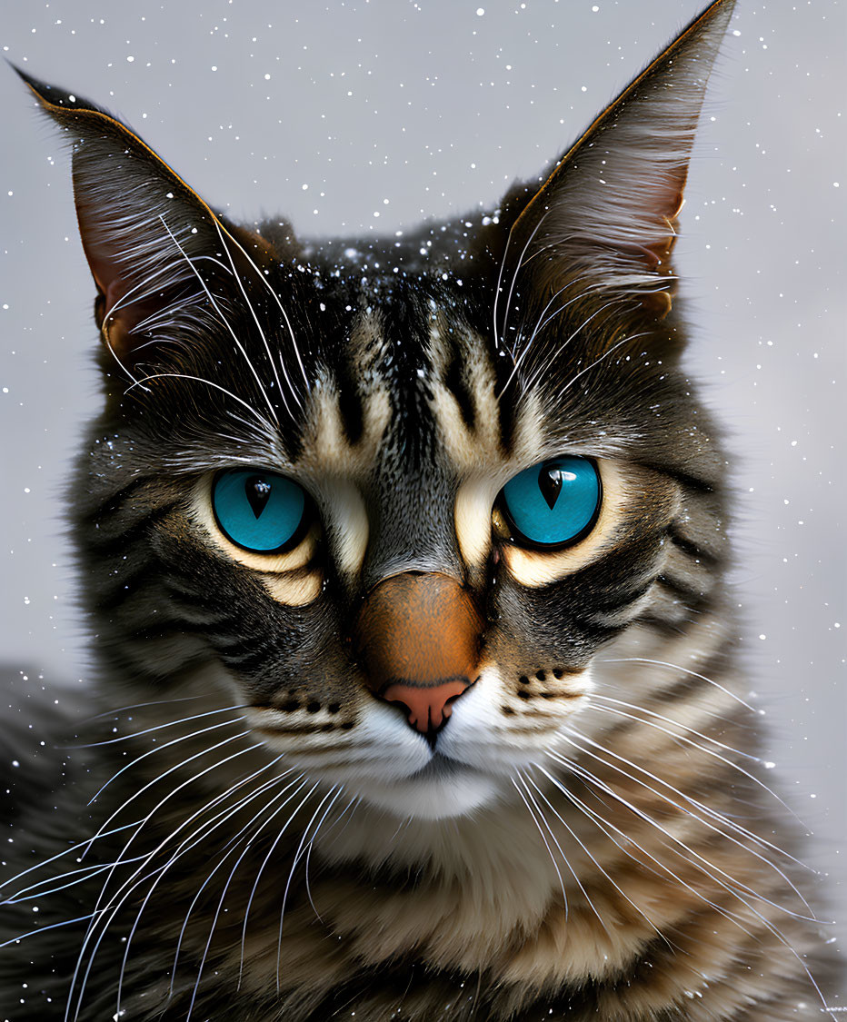 Tabby cat with blue eyes and snowflakes in snowy setting