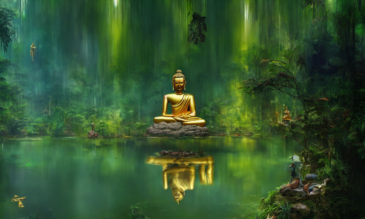 Golden Buddha statue meditating by forest pond with lush greenery