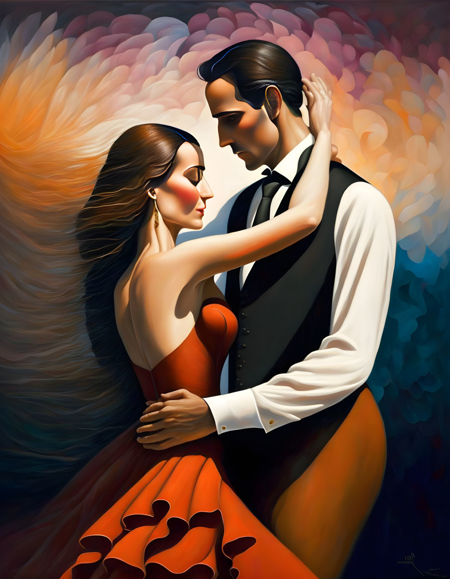 Stylized painting of couple dancing passionately in black vest and red dress