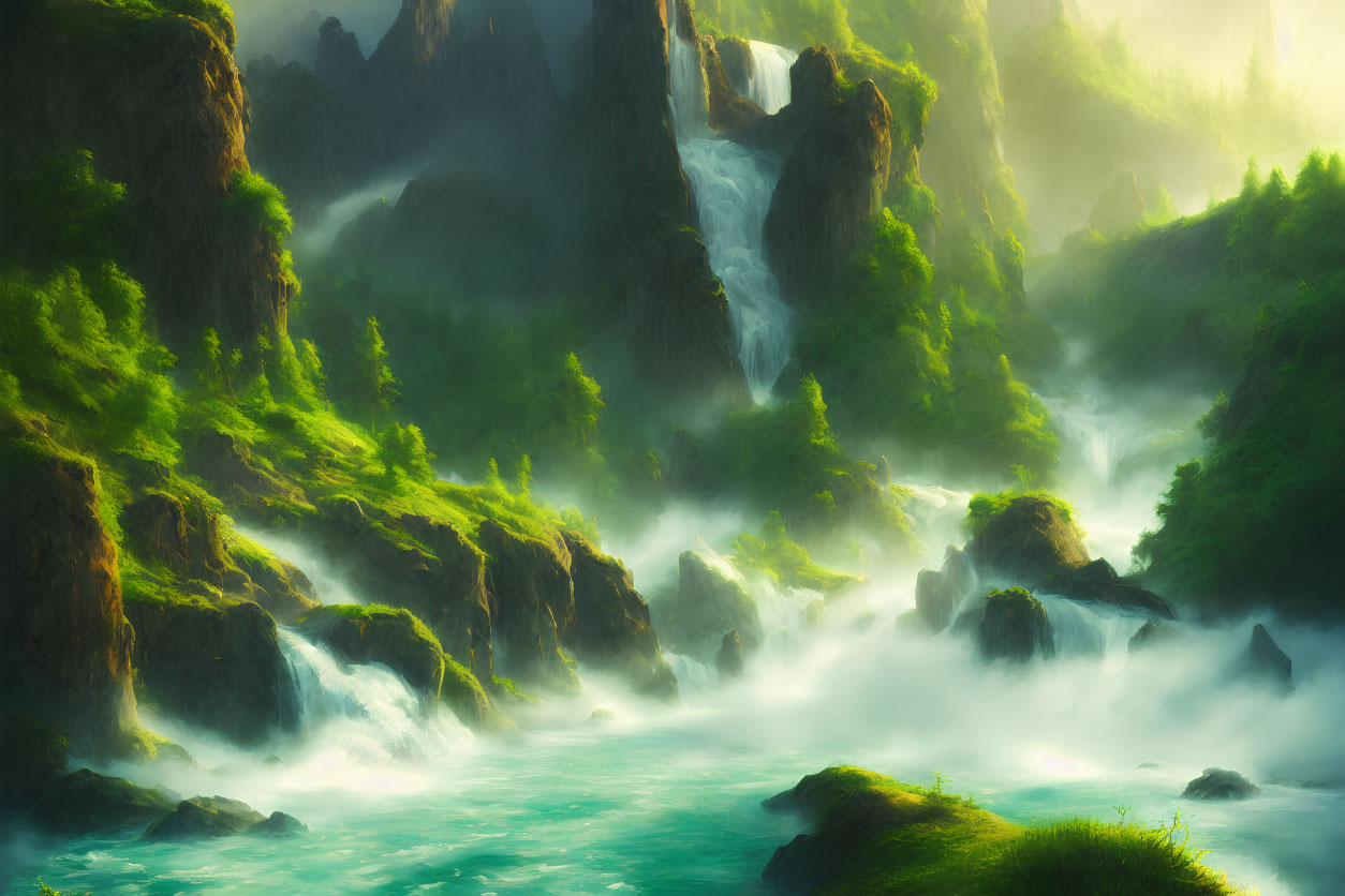 Scenic green landscape with cascading waterfalls and sunlight filtering through foliage