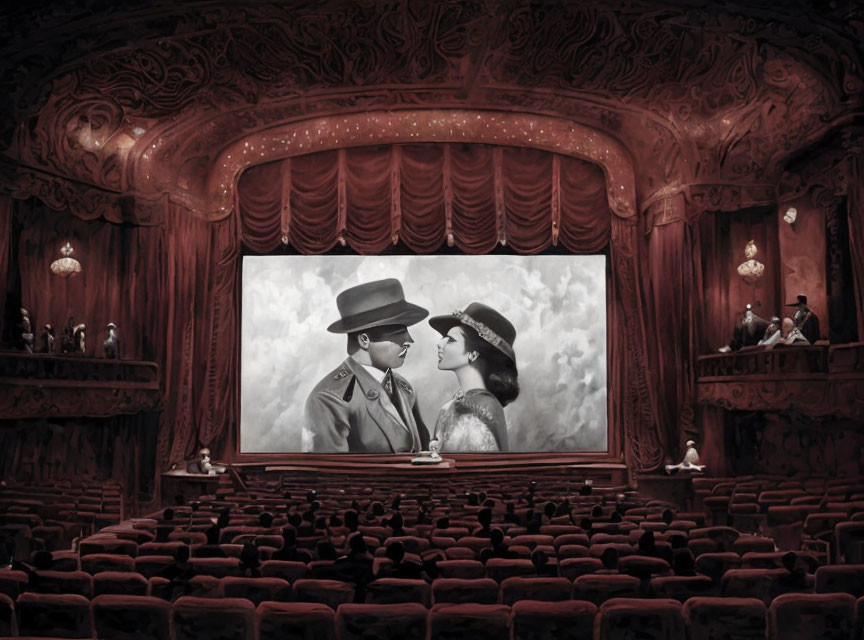 Opulent theater with red seats and ornate ceiling screening black and white romantic film.