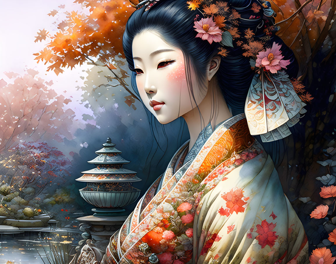 Traditional Japanese attire woman in serene setting with autumn foliage and pagoda