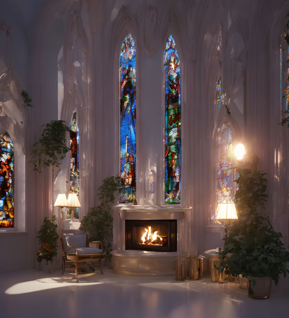 Gothic architecture room with fireplace, stained glass windows, plants, cozy seating