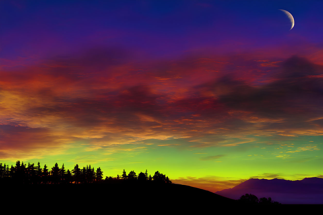 Colorful sunset with silhouetted trees, crescent moon in twilight sky