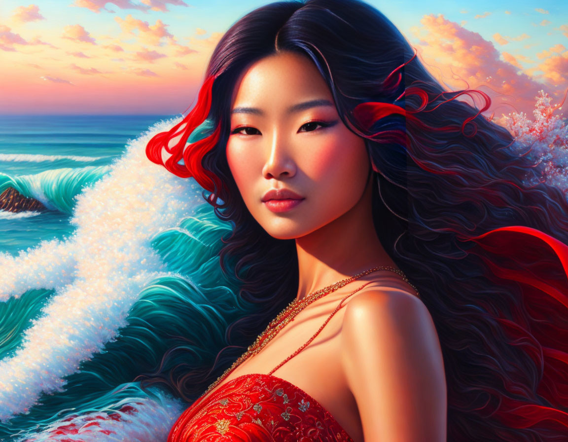 Digital Artwork: Woman with Red Hair in Traditional Attire Against Ocean Sunset