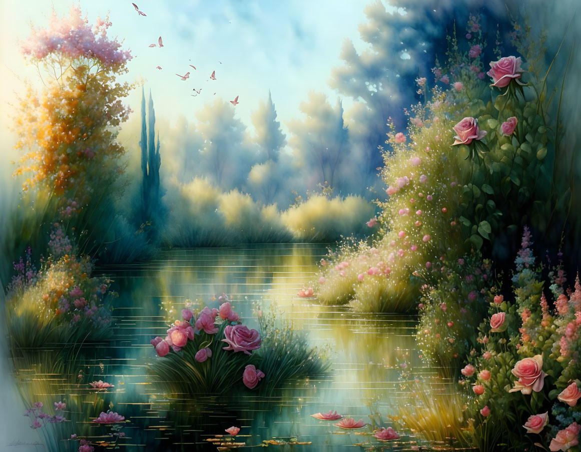 Tranquil lake scene with blooming flowers and roses in gentle sunlight