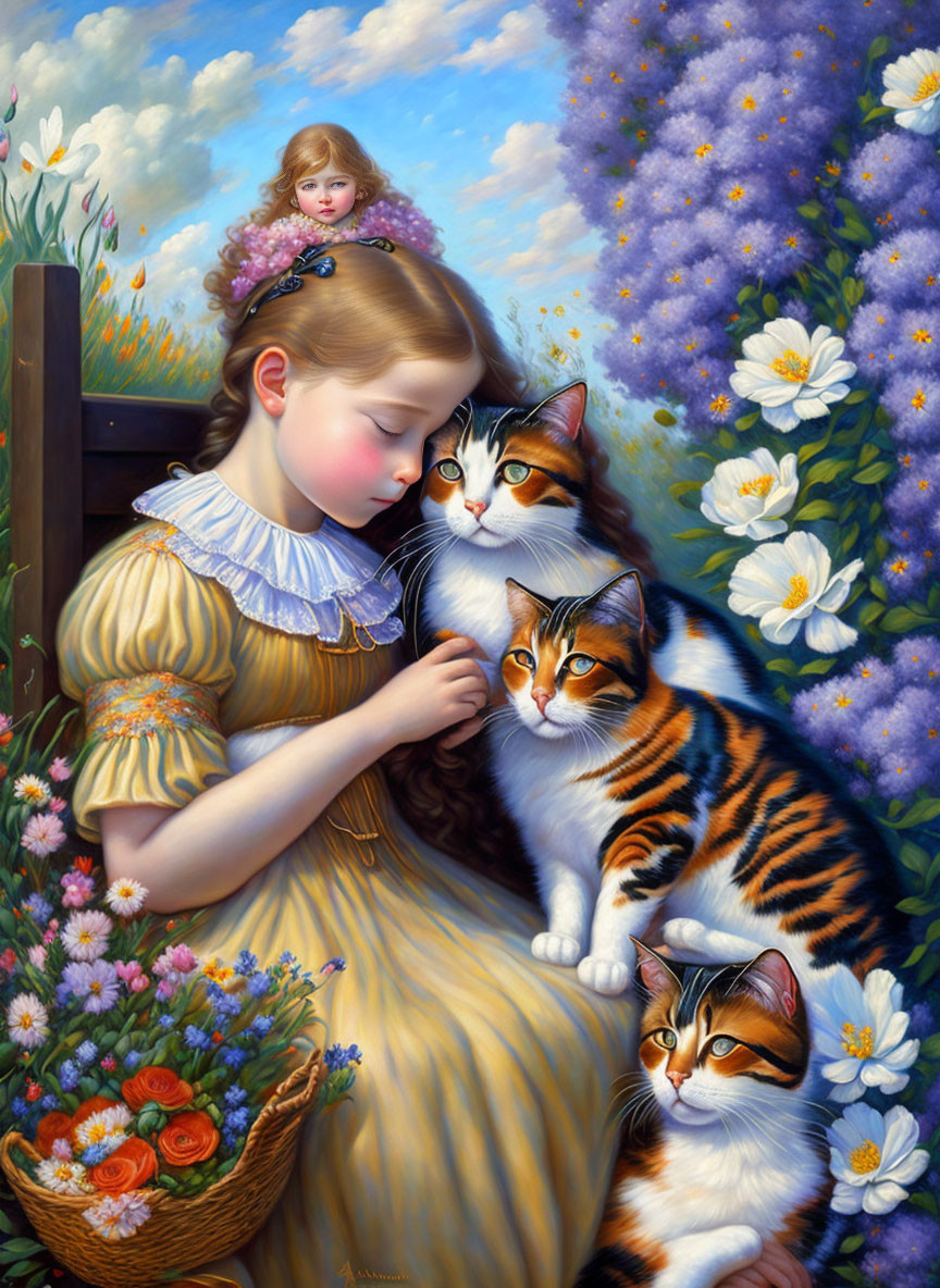 Girl in Yellow Dress with Cats in Idyllic Landscape