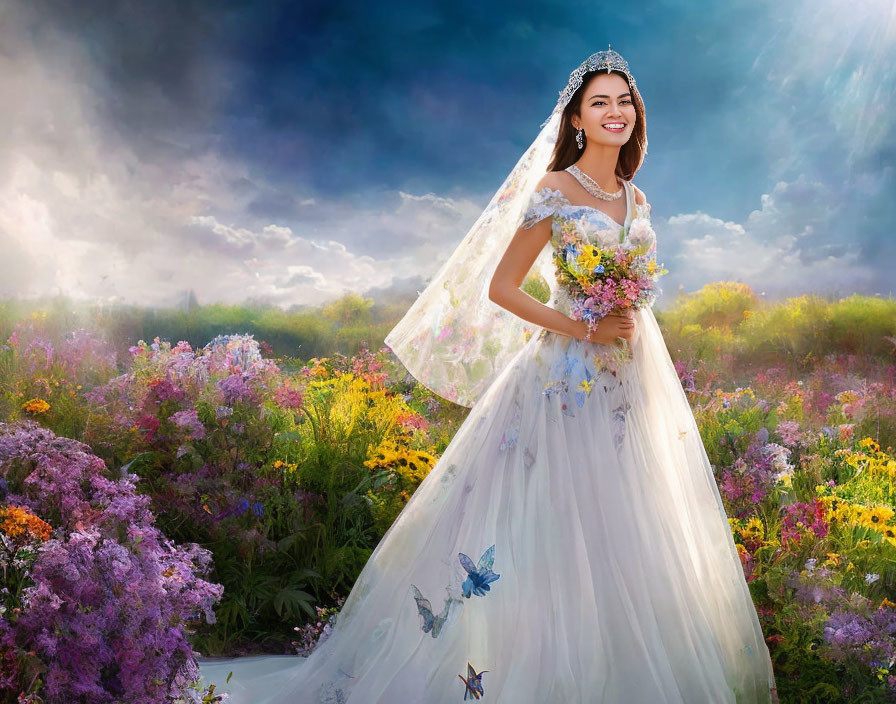 Joyful bride in white gown and veil in vibrant flower field with butterflies