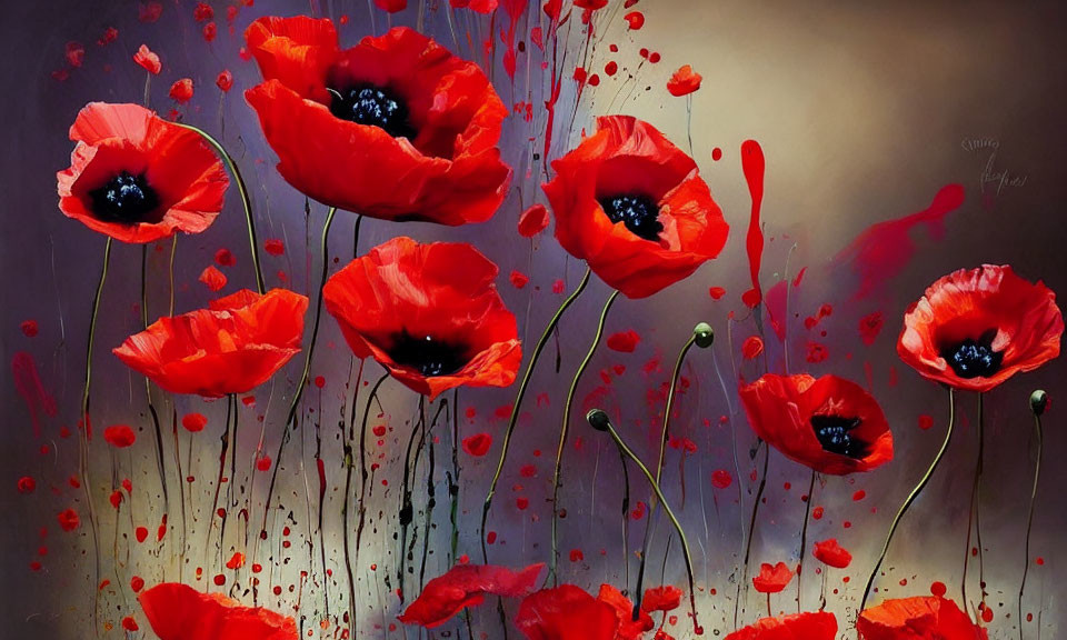 Vibrant red poppies on purple, gold, and gray background with paint splatters