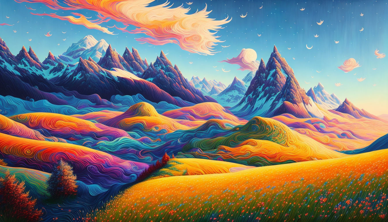 Colorful landscape with hills, blue mountains, and wispy clouds