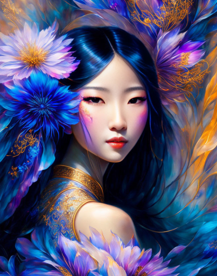 Vibrant digital portrait of a woman with floral and feather elements