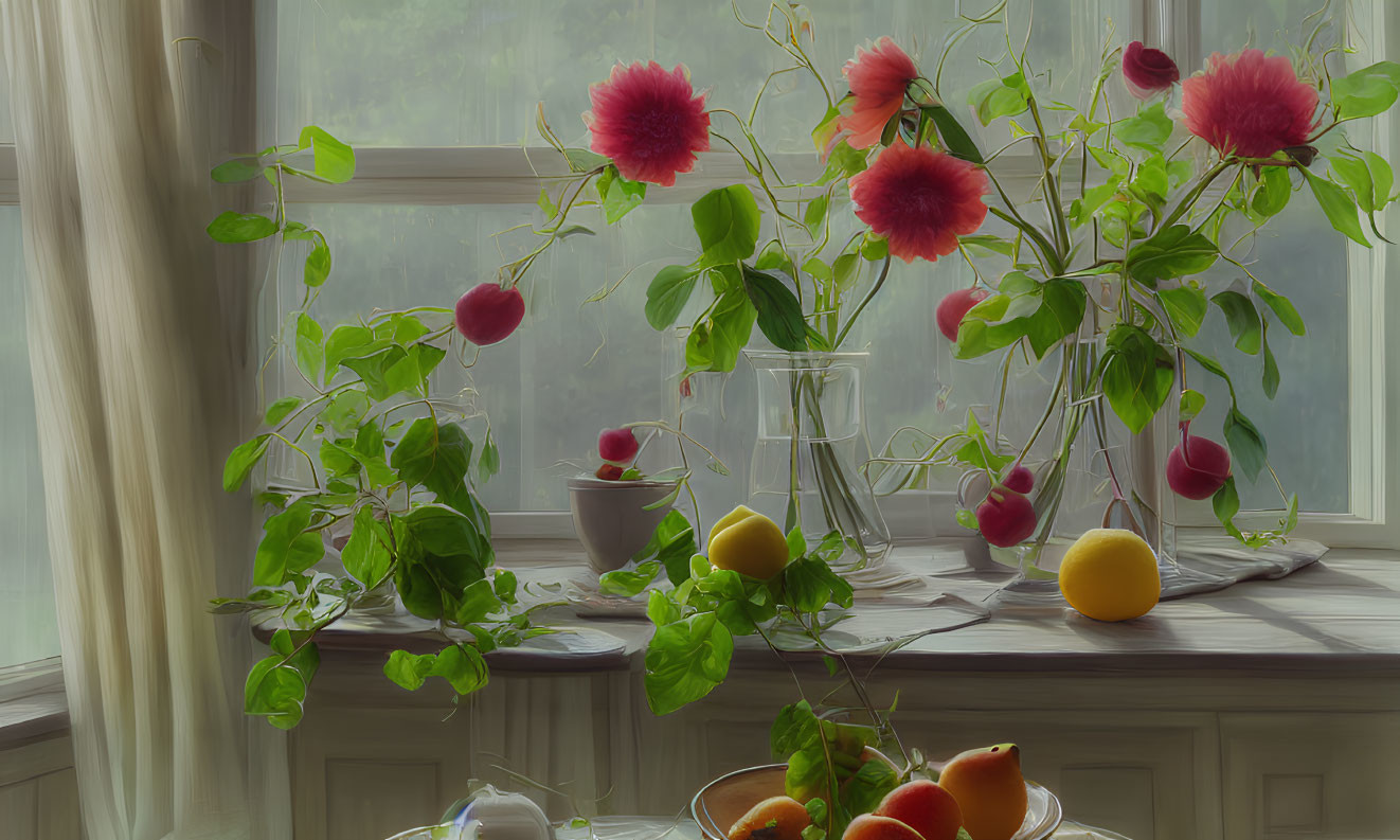 Pink Flowers, Glass Vases, Lemons, and Fruit in Still Life Scene