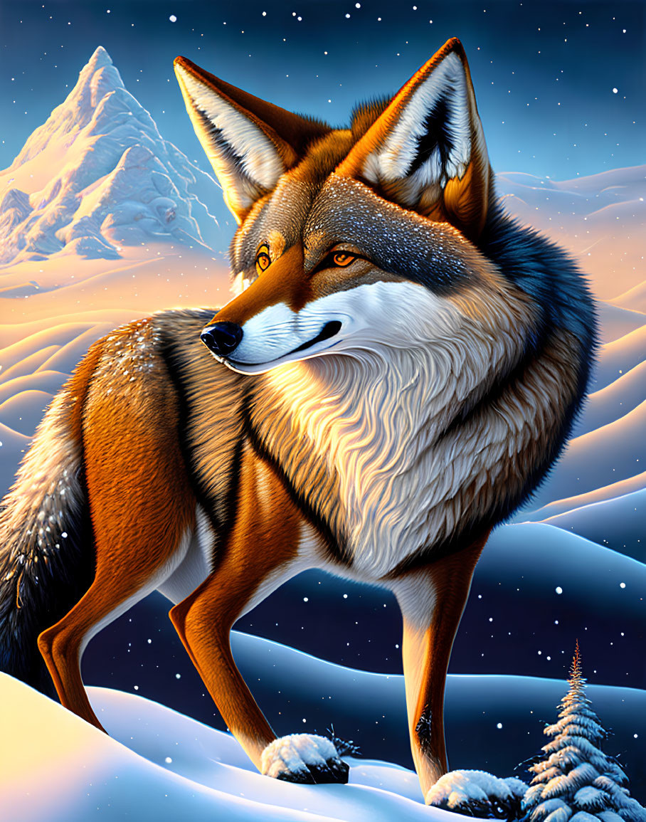 Detailed illustration of majestic wolf in snowy landscape with mountain and starry night sky.