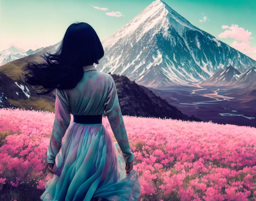 Woman in flowing dress surrounded by pink flowers and snow-capped mountain under vivid sky