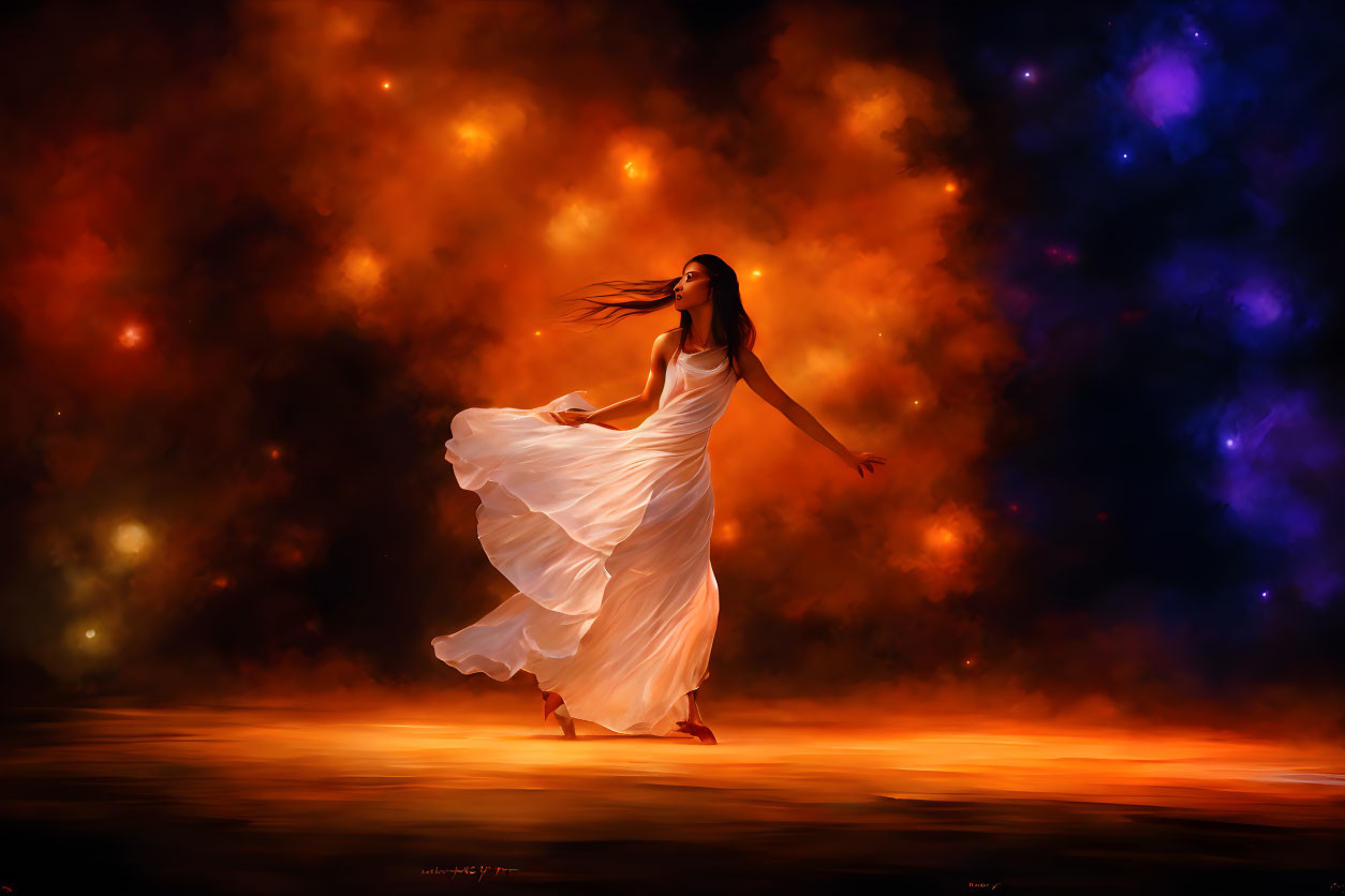 Woman in flowing white dress dances in cosmic nebula backdrop