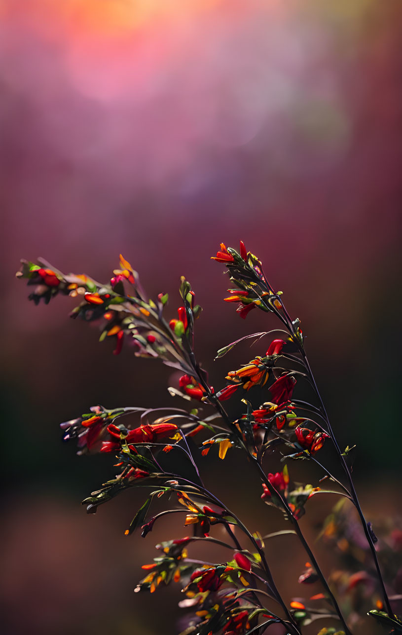 Vibrant wildflowers in warm sunset light with soft pink and orange background