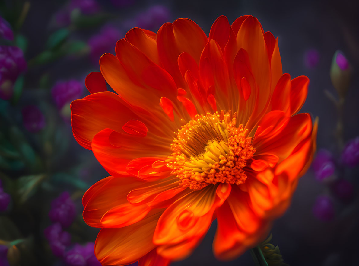 Vibrant Orange Flower with Golden Center and Dark Leaves