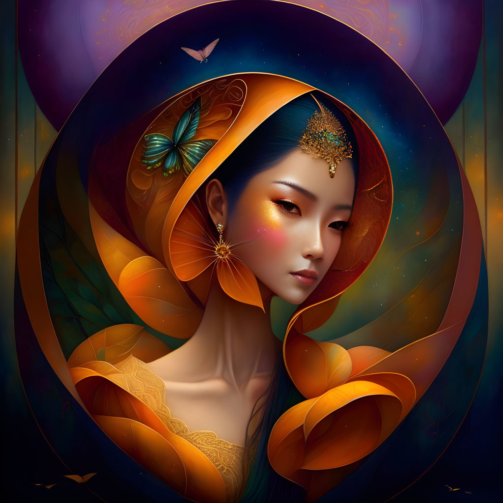 Stylized woman with golden butterfly wings in mystical setting