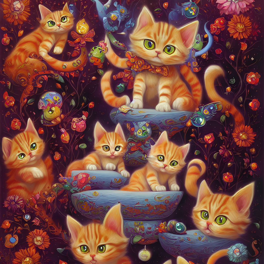 Colorful illustration: Orange tabby kittens with flowers and whimsical creatures