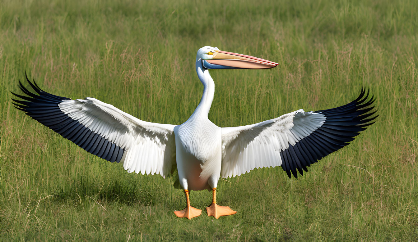 White Pelican with Spread Wings in Green Grass Field