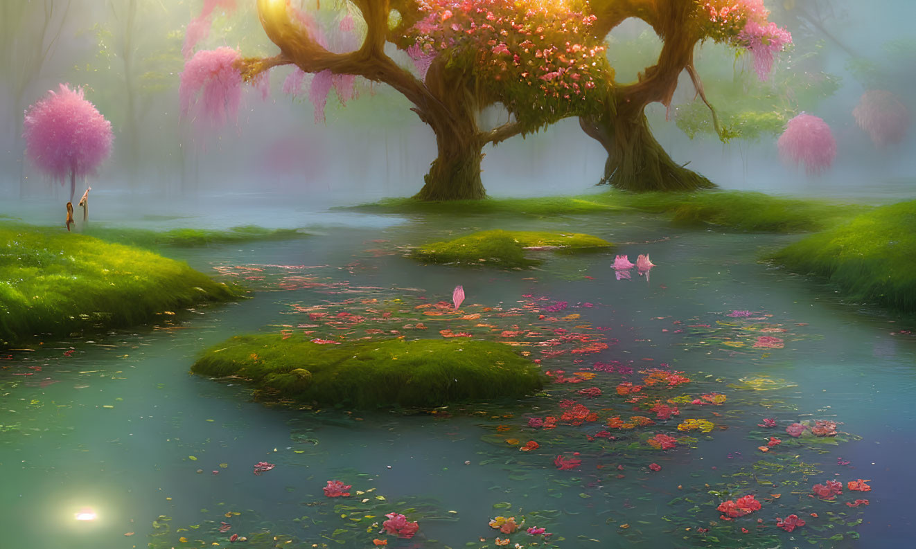 Tranquil Fantasy Landscape with Stream and Flowering Trees