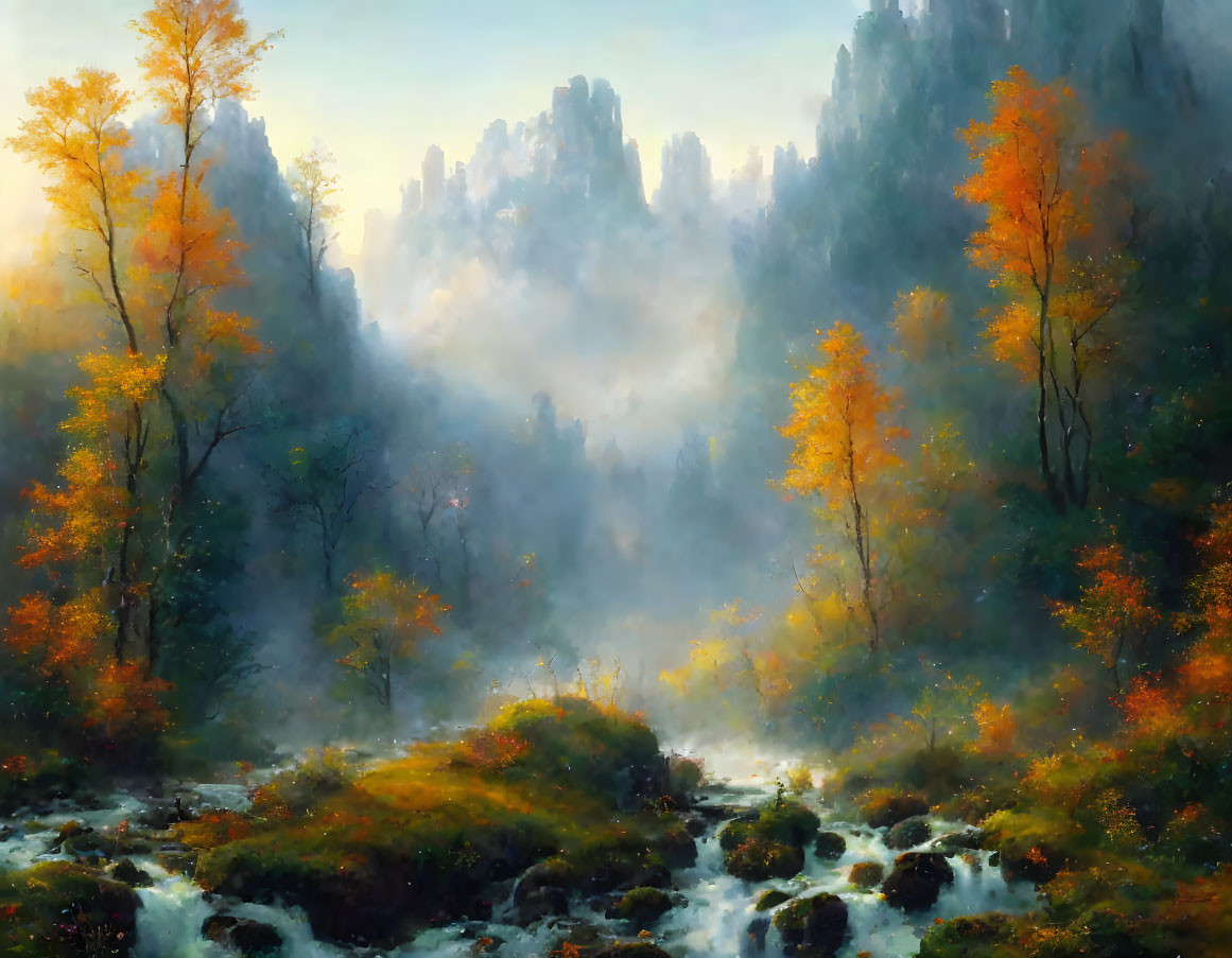 Golden Trees and Misty Forest Stream in Autumn