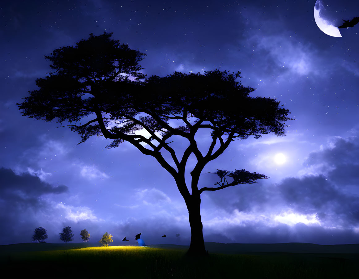 Starry night landscape with tree silhouette and glowing moon