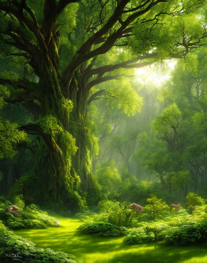 Sunlit lush forest with vibrant green foliage and mossy floor