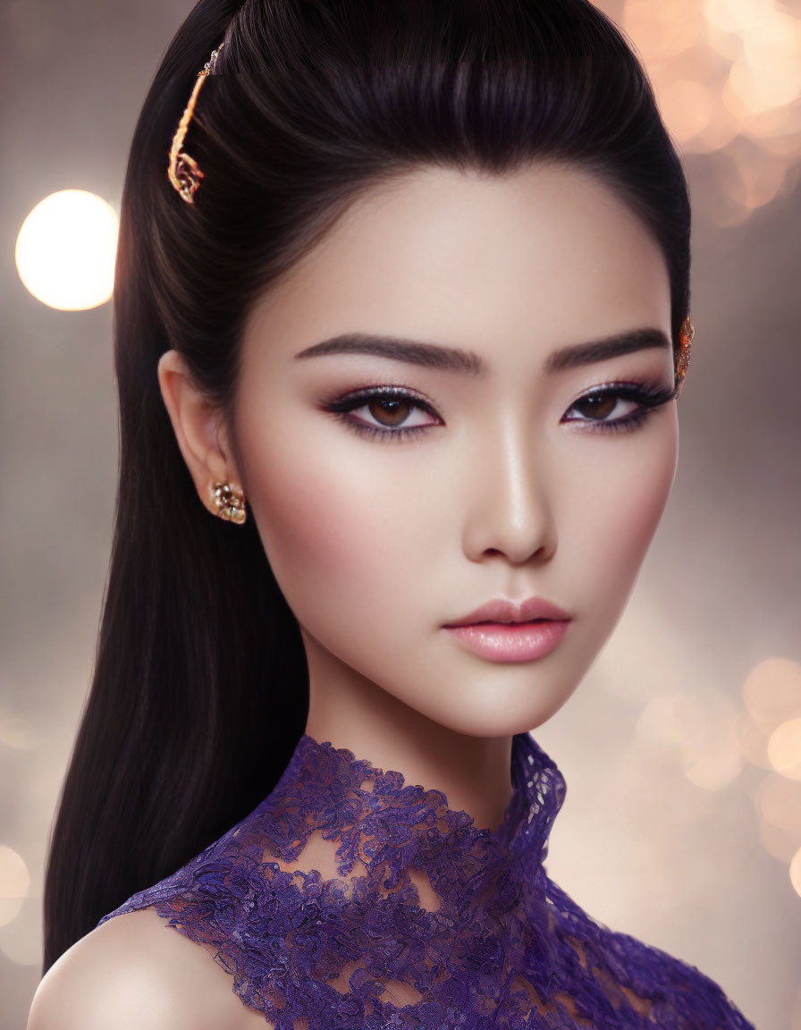 Portrait of Woman with Black Hair and Gold Hairpins in Purple Lace Garment