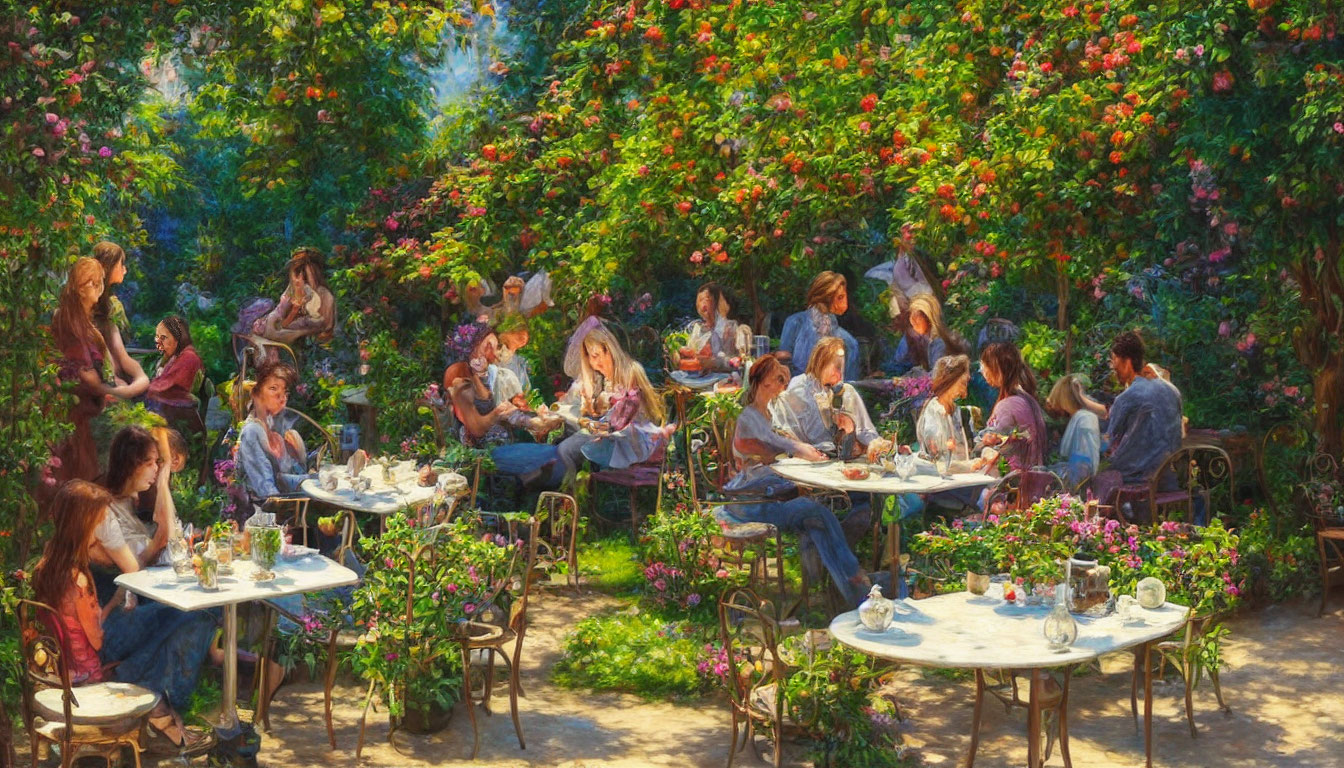 Tranquil garden scene with people dining in lush greenery