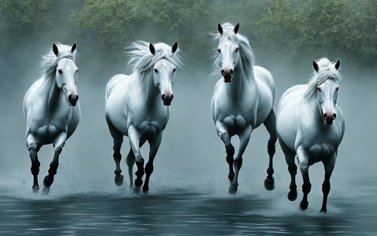 Four White Horses Running Through Foggy Environment