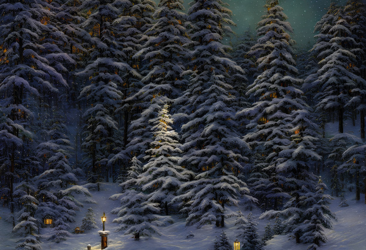 Snow-covered forest with glowing lanterns and Christmas tree