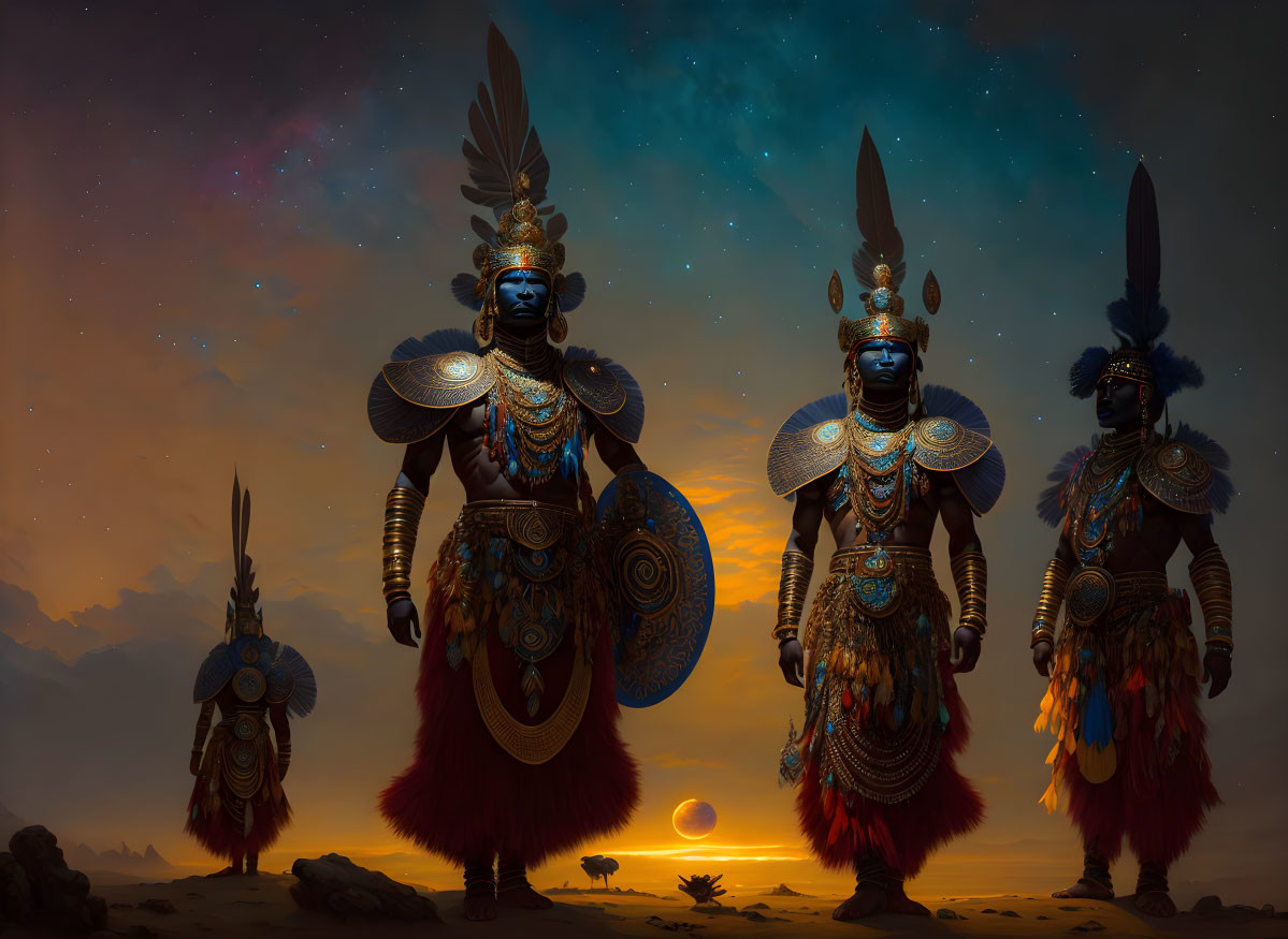 Four warriors in ornate armor under twilight sky with stars, holding shields and spears.