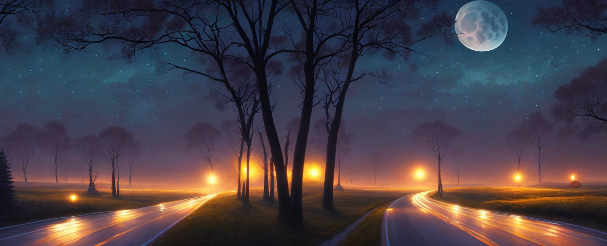 Nighttime road with moon, trees, and starlit sky