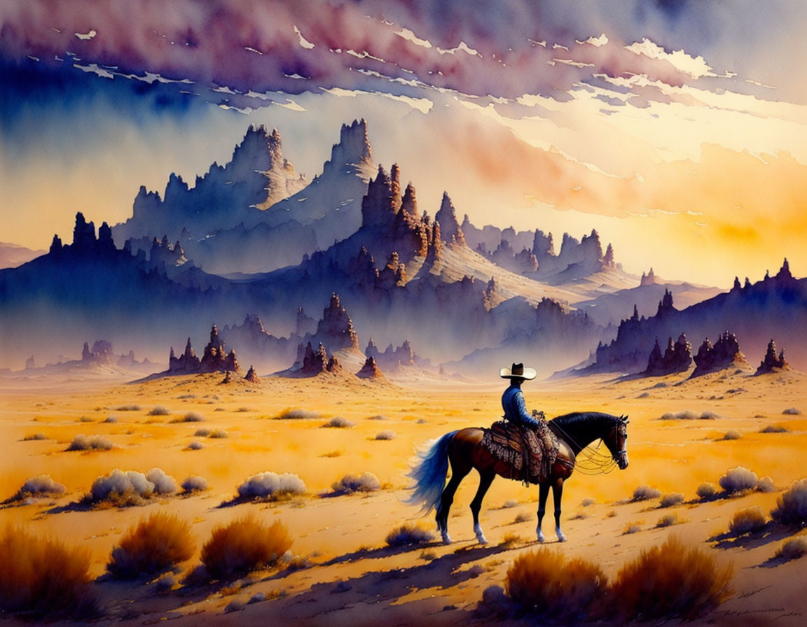 Cowboy on horseback in vast desert with dramatic sunset sky