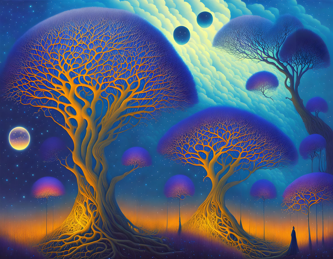 Surreal landscape with luminescent trees and multiple moons