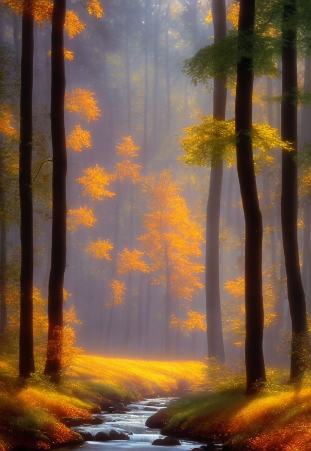 Tranquil Autumn Forest with Golden Leaves and Sunlit Mist