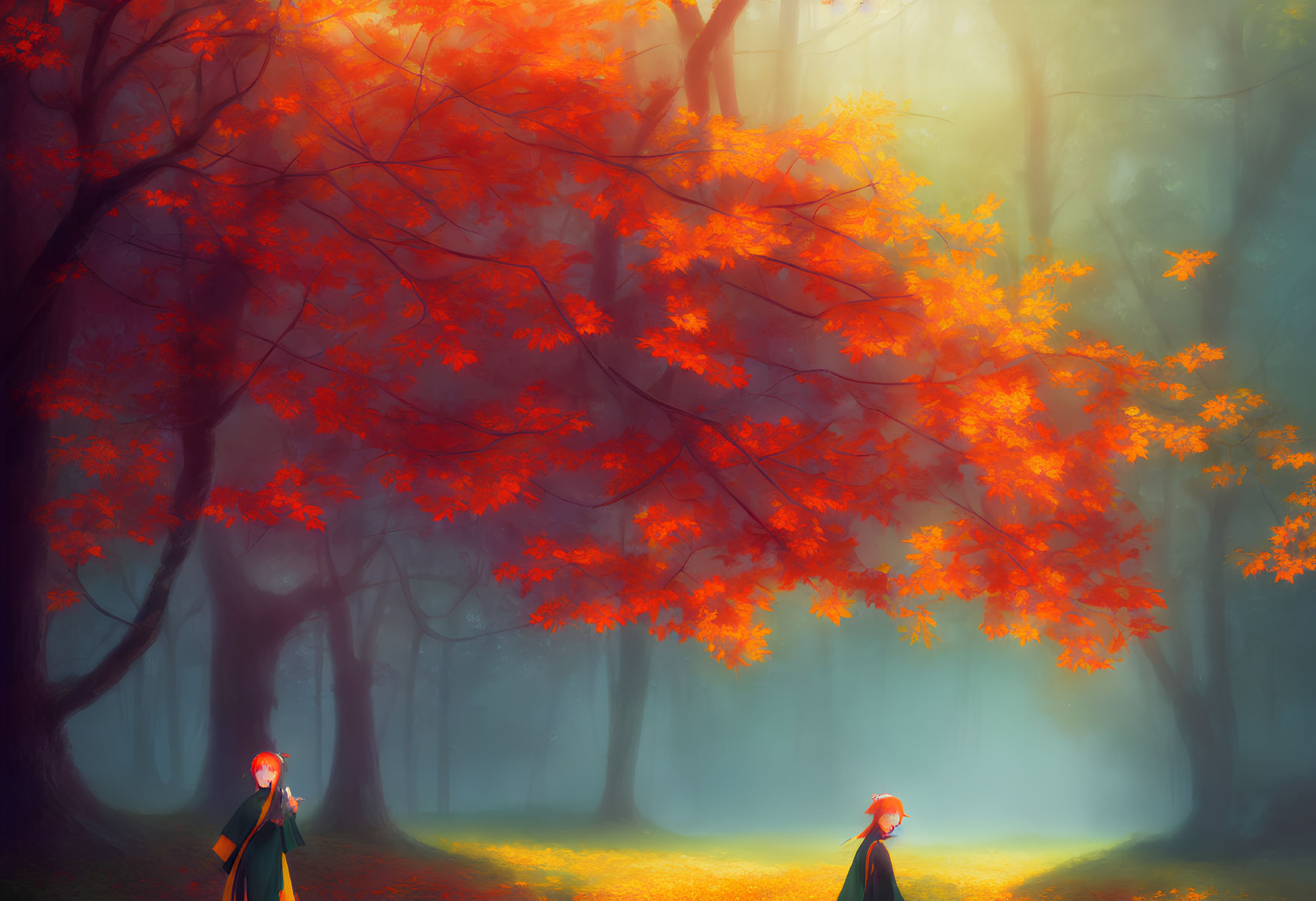 Autumn forest scene with red leaves, glowing light, and two cloaked figures