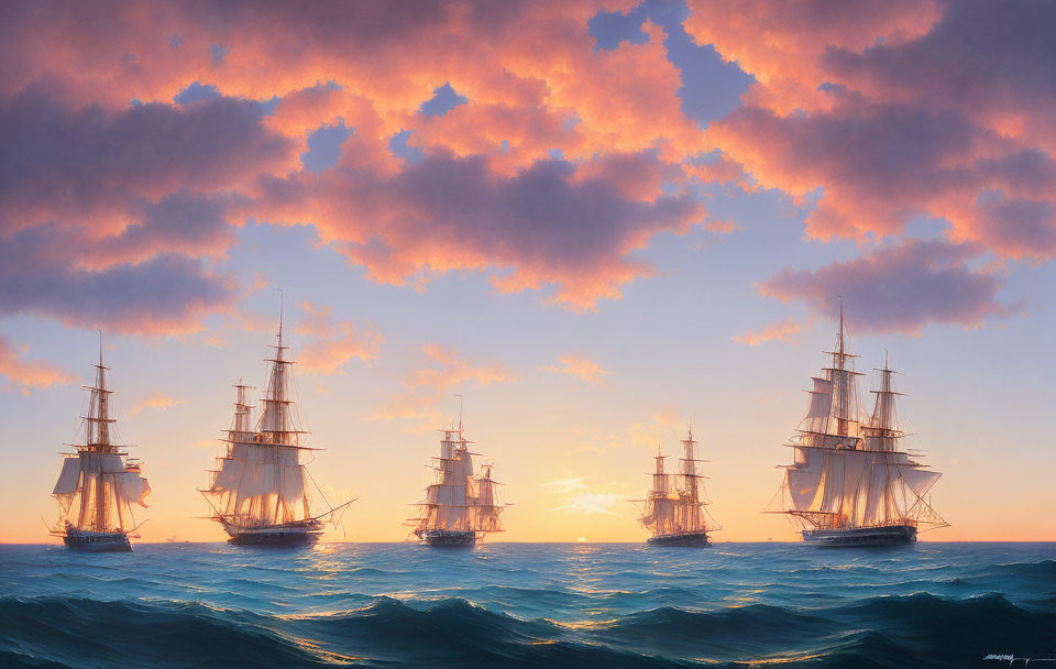 Tall-masted sailing ships on tranquil ocean at sunset