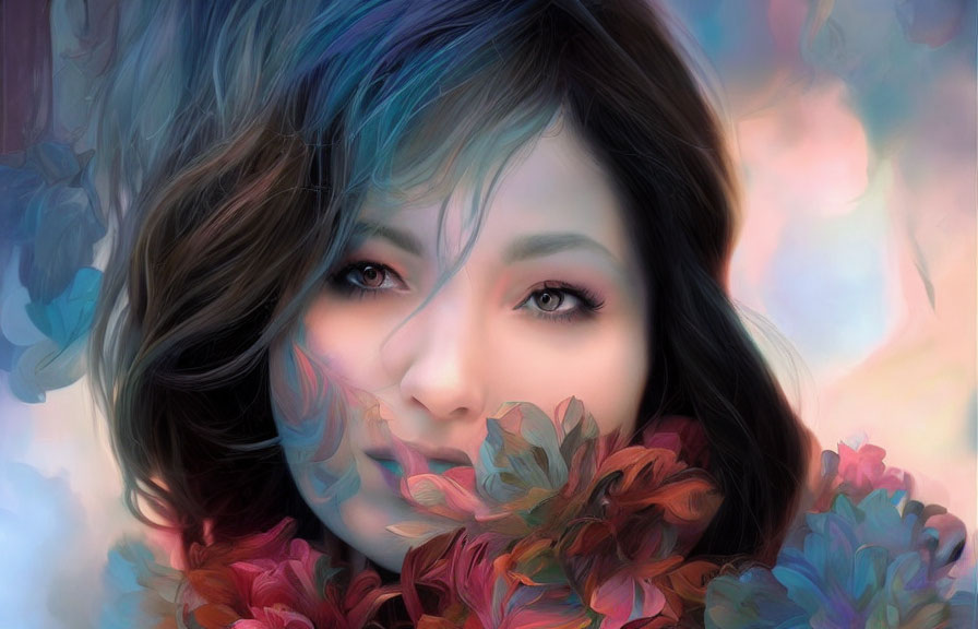 Multicolored hair woman portrait with floral elements on pastel backdrop