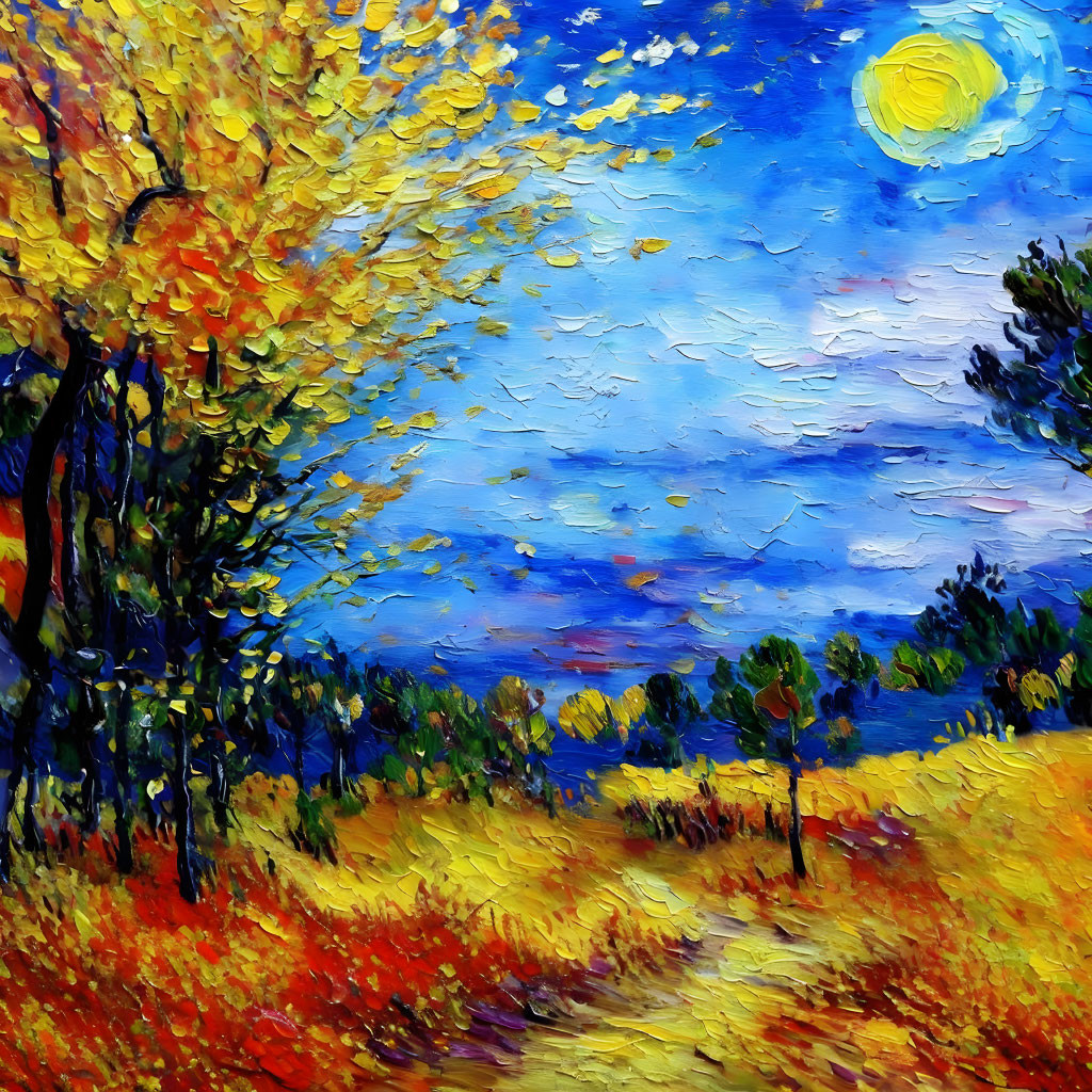 Autumn landscape oil painting with vibrant colors and textured brushstrokes